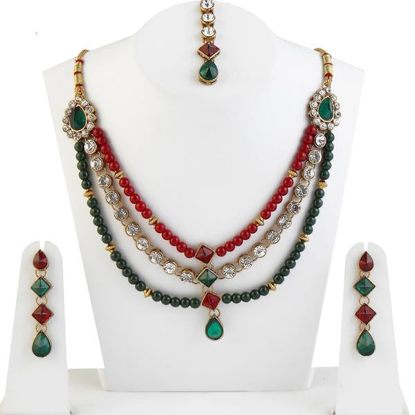 Vivant Charms Maroon & Green Beads Necklace Set With Maang Tikka - 1104903