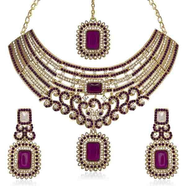Kriaa Austrian Stone Gold Plated Necklace Set With Maang Tikka - 1105308