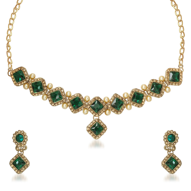 Kriaa Green Austrian Stone Pearl Gold Plated  Necklace Set - 1105514