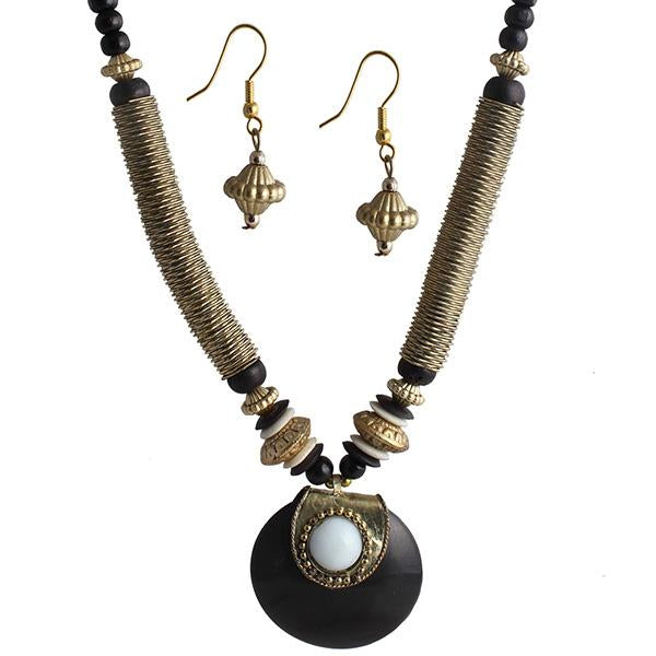 Beadside Black Beads Antique Gold Necklace Set - 1105901A