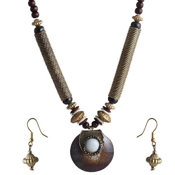 Beadside Brown Beads Antique Gold Necklace Set - 1105901E