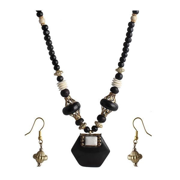 Tip Top Fashions Black Beads Antique Gold Necklace Set - 1105903C