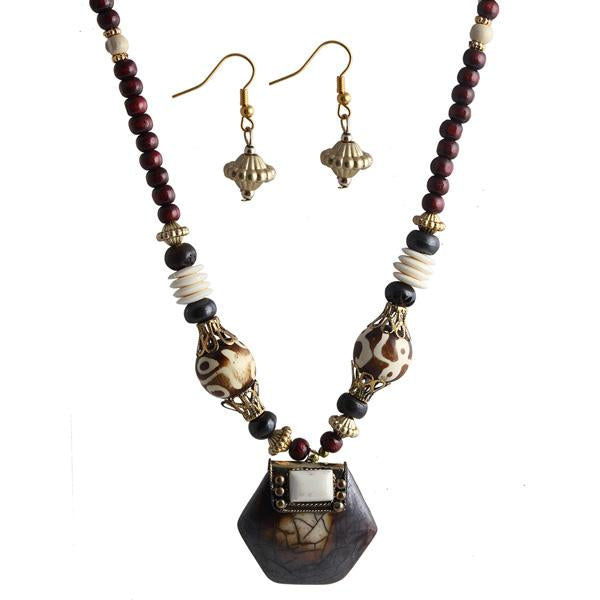 Tip Top Fashions Black & Maroon Beads Antique Gold Necklace Set - 1105903D