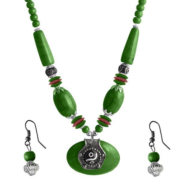 Beadside Green Beads Rhodium Plated Necklace Set - 1105905E