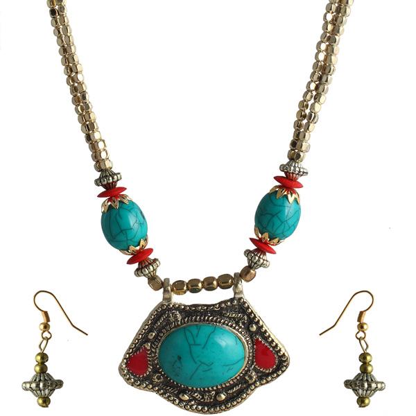 Beadside Blue Beads Antique Gold Necklace Set - 1105906A
