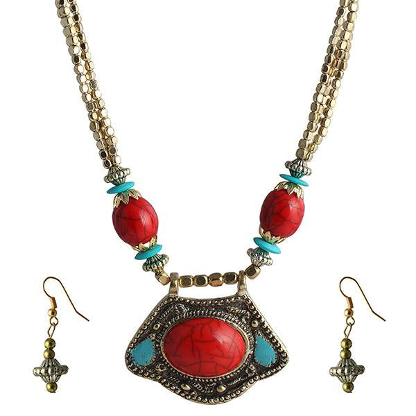 Beadside Blue Beads Antique Gold Necklace Set - 1105906D