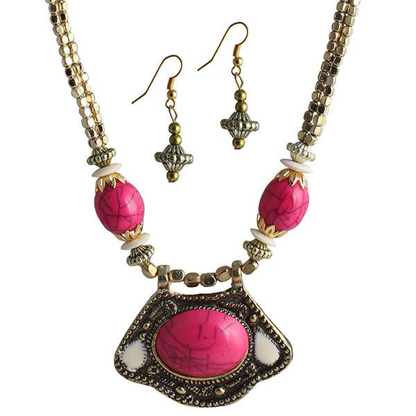 Beadside Pink Beads Antique Gold Necklace Set - 1105906E