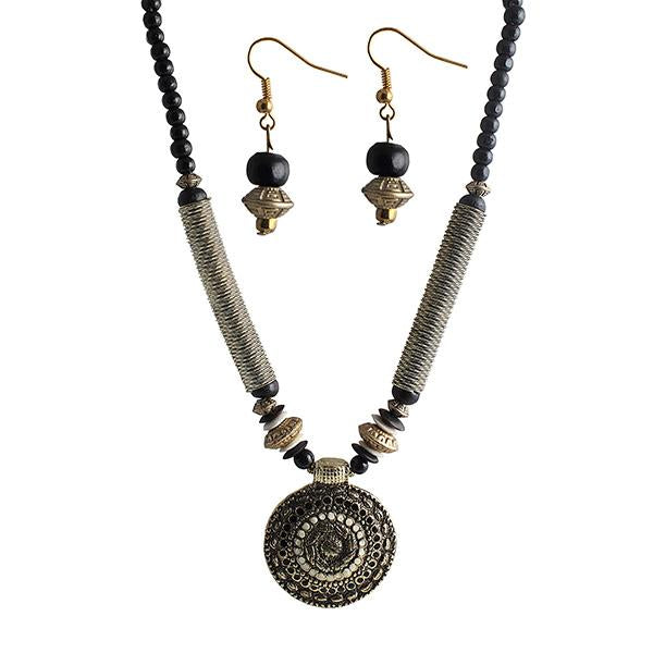Beadside Black Beads Antique Gold Necklace Set - 1105907D