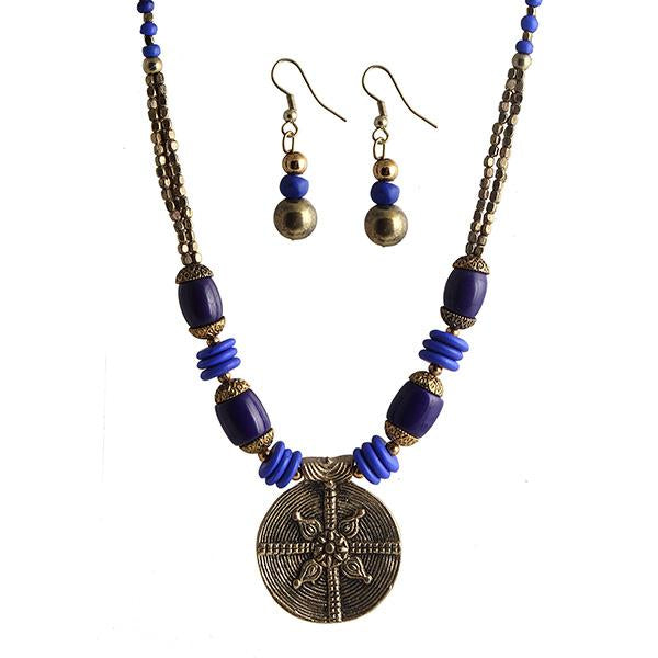 Beadside Blue Beads Antique Gold Necklace Set - 1105908B