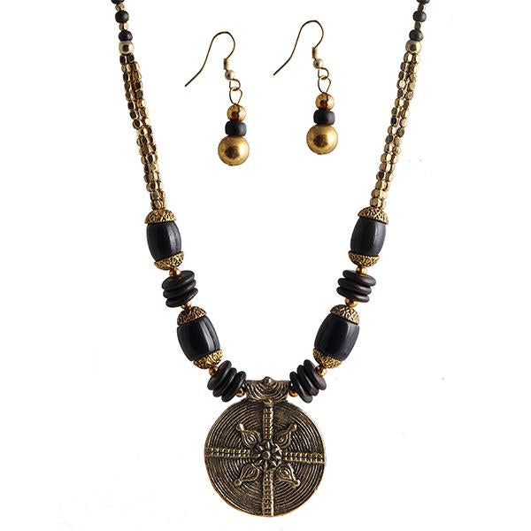 Beadside Black Beads Antique Gold Necklace Set - 1105908C