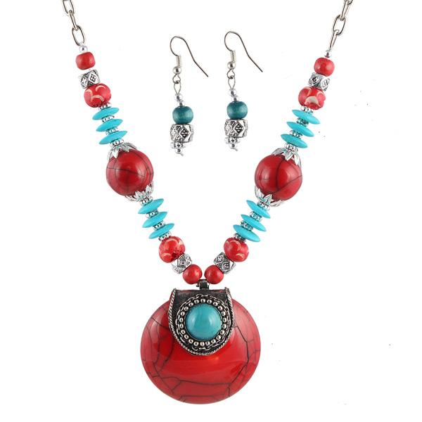 Beadside Red & Blue Beads Antique Gold Necklace set - 1105909A