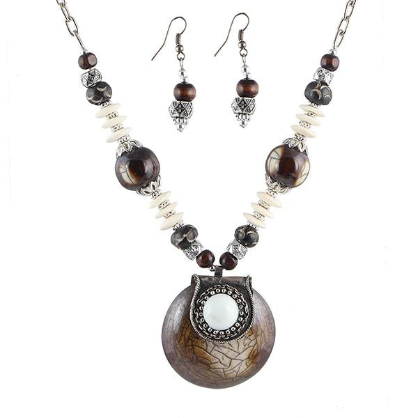 Beadside Brown Beads Rhodium Plated Necklace Set - 1105909B