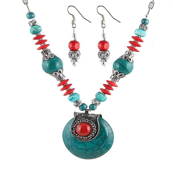 Beadside Red Beads Rhodium Plated Necklace Set - 1105909C