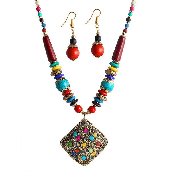 Beadside Multicolor Beads Antique Gold Necklace Set - 1105915D