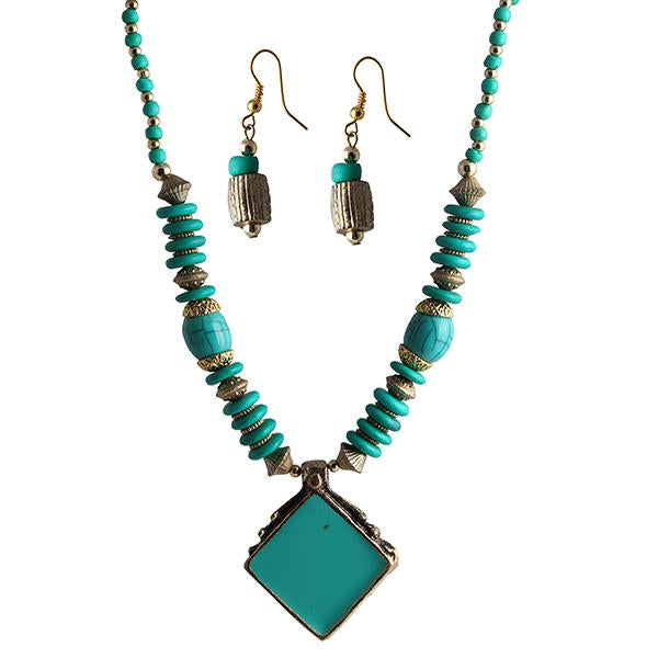 Beadside Blue Beads Antique Gold Necklace Set - 1105919A