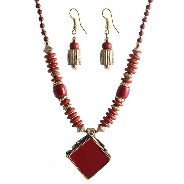 Beadside Maroon Beads Antique Gold Necklace Set - 1105919B