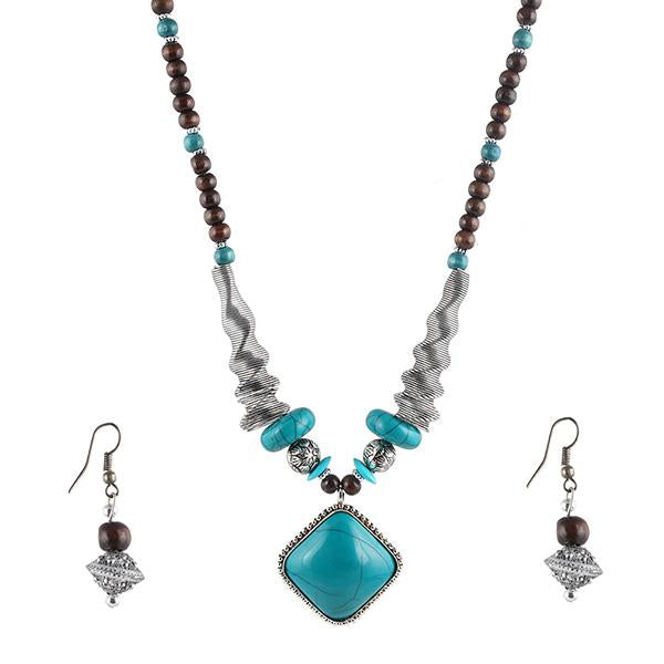 Beadside Blue Beads Rhodium Plated Necklace Set - 1105922A