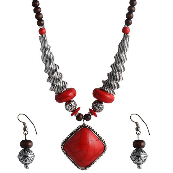 Beadside Red Beads Oxidised Necklace Set - 1105922D