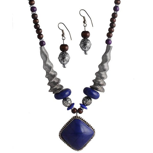 Beadside Blue Beads Oxidised Necklace Set - 1105922E
