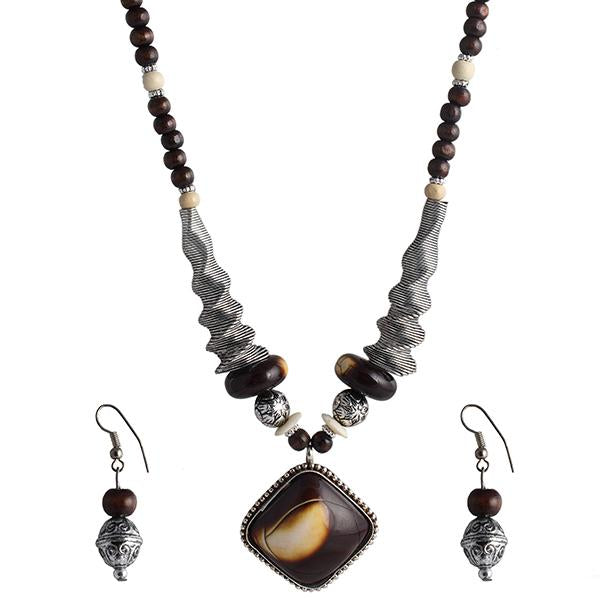 Beadside Brown Beads Oxidised Necklace Set - 1105922F