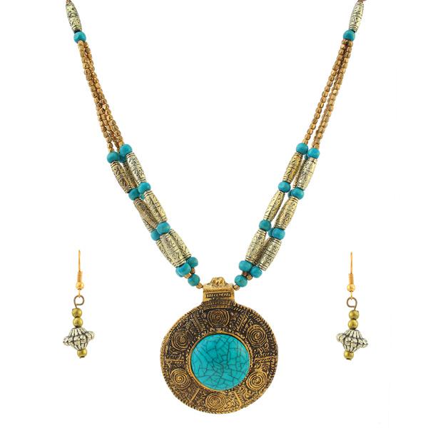 Beadside Blue Beads Antique Gold Necklace Set - 1105923B