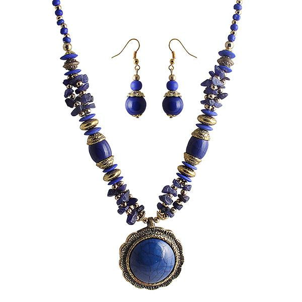 Beadside Blue Beads Antique Gold Necklace Set - 1105924A