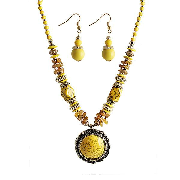 Beadside Yellow Beads Antique Gold Necklace Set - 1105924C