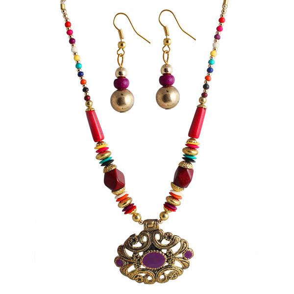 Beadside Multicolor Beads Antique Gold Necklace Set - 1105925