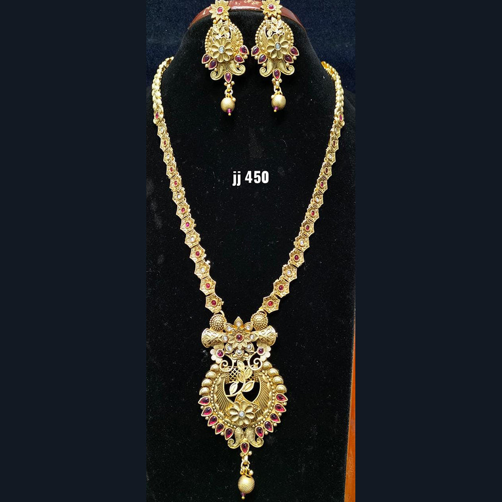 Jain Jewellers Gold Plated Pota Stone Long Haram Necklace Set - 11061711