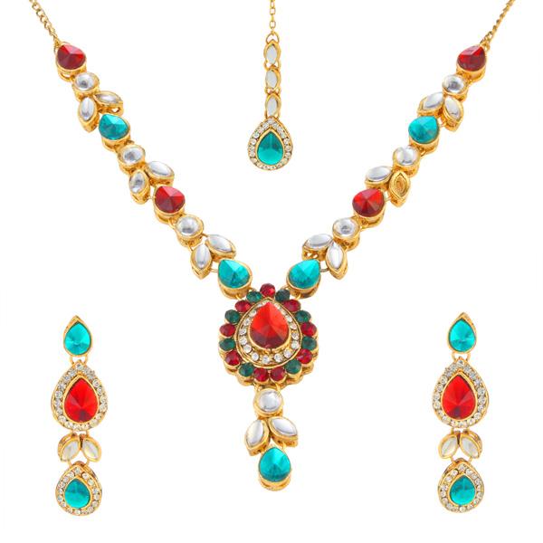 Kriaa Kundan Gold Plated Necklace Set With Maang Tikka - 1106202A