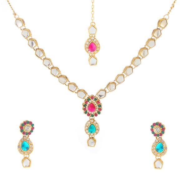 Kriaa Pink Kundan Necklace Set With Maang Tikka - 1106203A