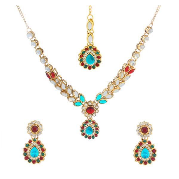 Kriaa Blue Kundan Necklace Set With Maang Tikka - 1106205D