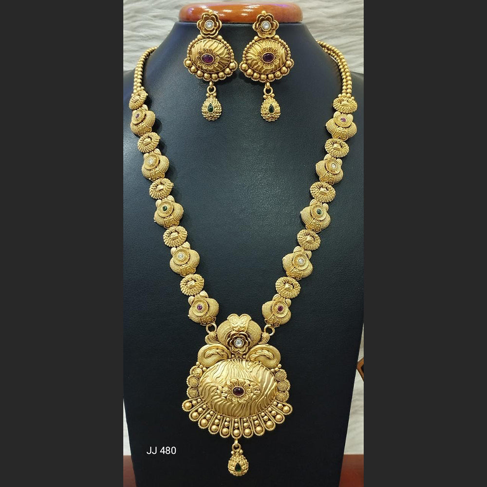 Jain Jewellers Gold Plated Pota Stone Long Haram Necklace Set - 11062178