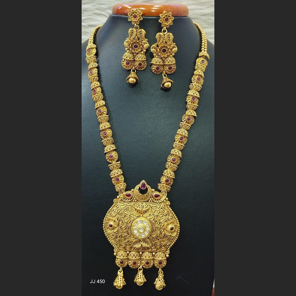 Jain Jewellers Gold Plated Pota Stone Long Haram Necklace Set - 11062193