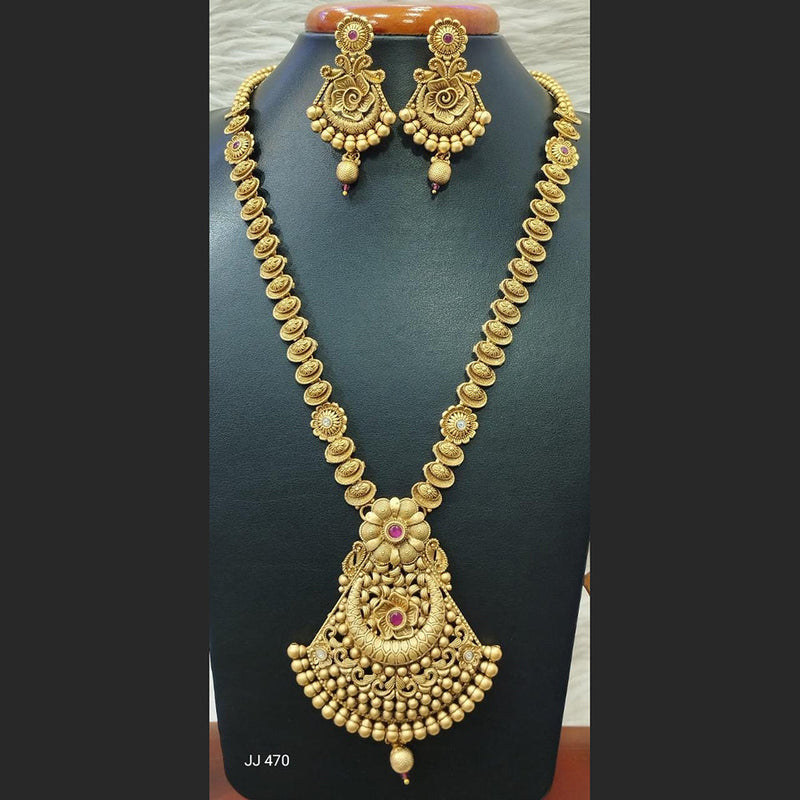 Jain Jewellers Gold Plated Pota Stone Long Haram Necklace Set - 11062197
