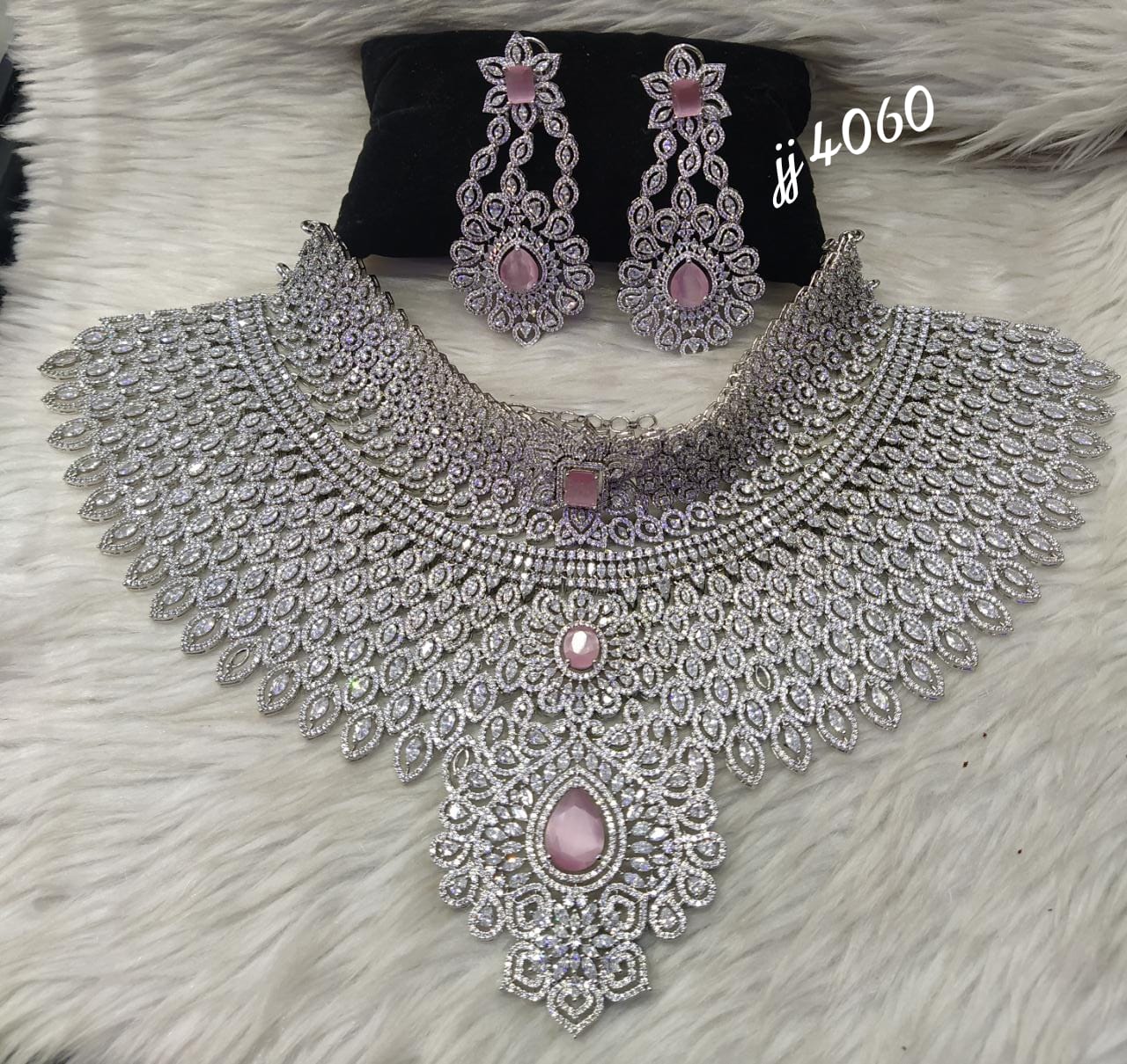 Jain Jewellers Silver Plated American Diamond Necklace Set