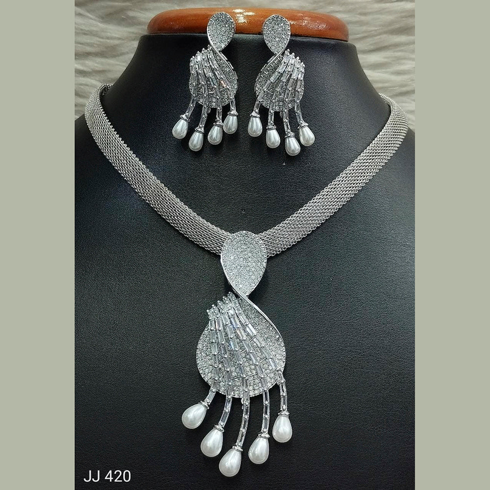 Jain Jewellers Silver Plated AD Stone Pendant Set