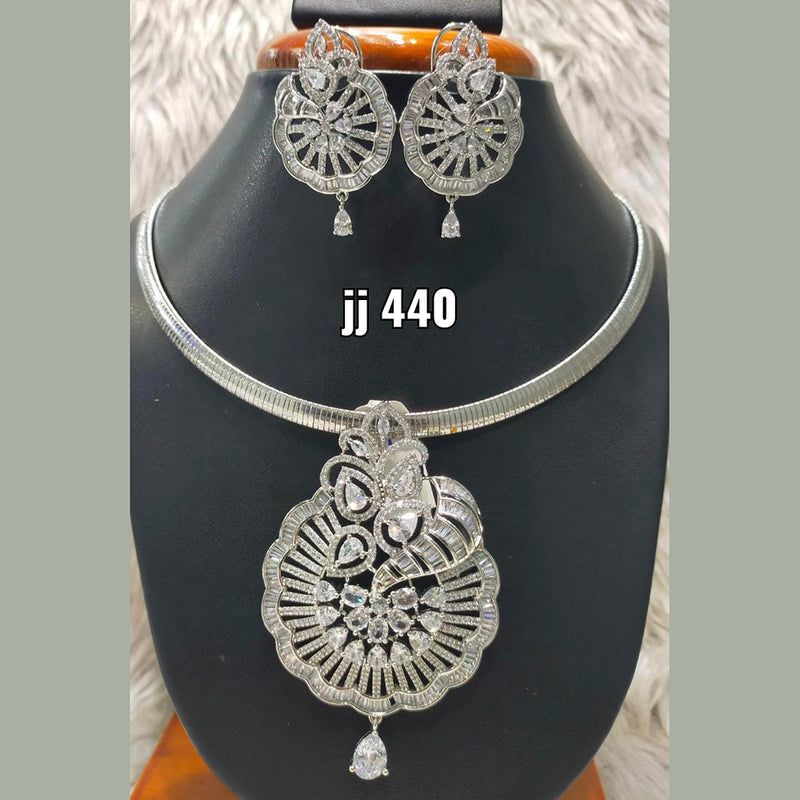 Jain Jewellers Silver Plated AD Stone Pendant Set