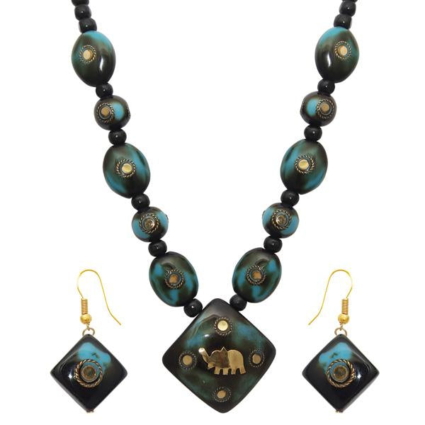 Beadside Blue Beads Antique Elephant Design Necklace Set - 1106601D