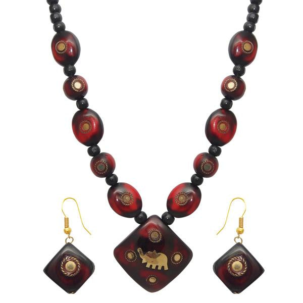 Beadside Red Beads Antique Elephant Design Necklace Set - 1106601E