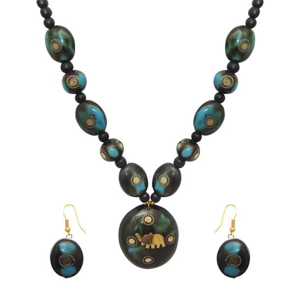 Beadside Blue Beads Antique Elephant Design Necklace Set - 1106603E