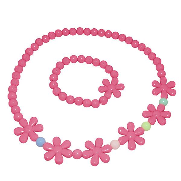 Cuteens Pink Floral Beads Necklace With Bracelet - 1106713H