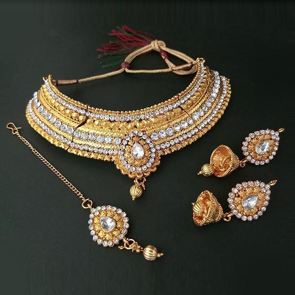 Kriaa Antique Gold Choker Necklace Set With Maang Tikka - 1107902A
