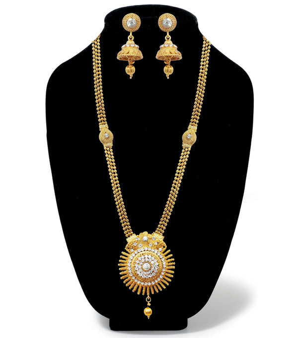 Amina Creation Gold Plated White Austrian Stone Long Haram Necklace Set - 1107904A