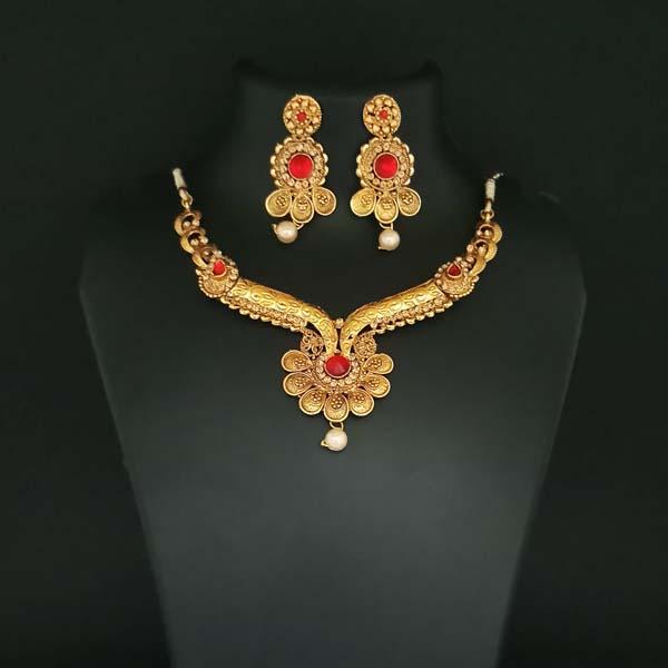 Kriaa Gold Plated Red Austrian Stone Necklace Set - 1107921B