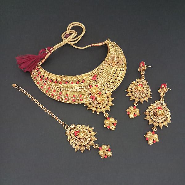 Utkrishtt Red Pota Stone Necklace Set With Maang Tikka - 1107945