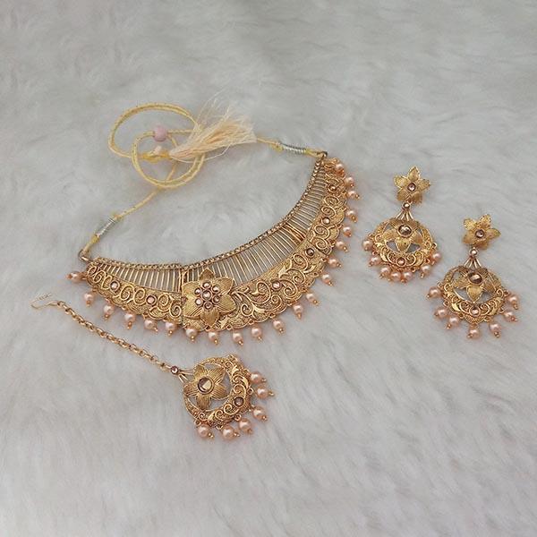 Kriaa Brown Stone Gold Plated  Necklace Set With  Maang Tikka - 1107967