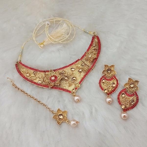 Kriaa Red Stone Gold Plated Necklace With Maang Tikka - 1107969