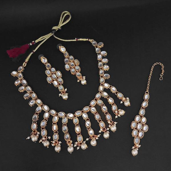 Amina Creation White Kundan And Pearl Gold Plated Necklace Set With Maang Tikka