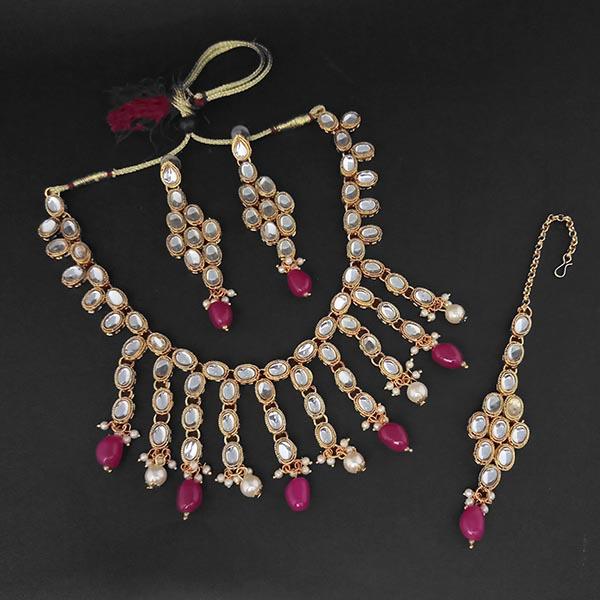 Kriaa Kundan And Maroon Beads Gold Plated Necklace Set With Maang Tikka - 1107977B